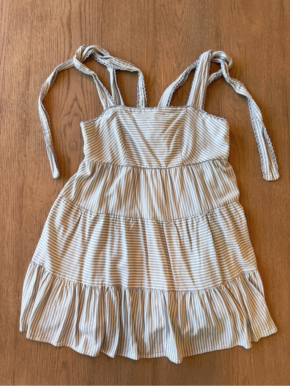 Altar'd State Cream & Light Blue Striped Tie-Shoulder Mini Dress